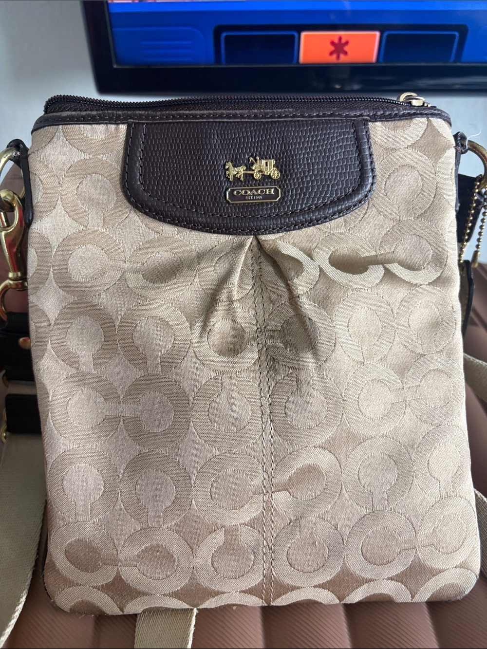 Coach Beige Signature Crossbody with Dark Brown Trim